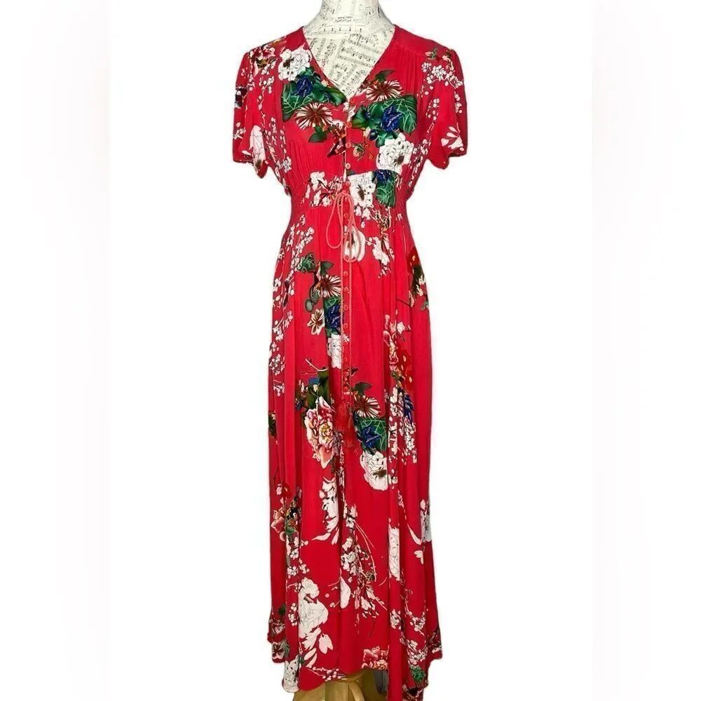 Floral Button Up Maxi Dress Red Elastic Waist L